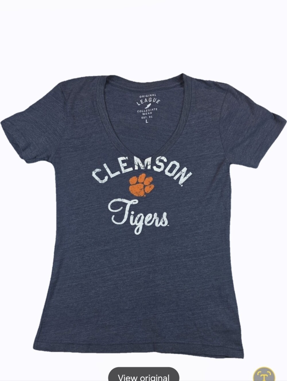 Clemson Tigers Original League Women's V-Neck Graphic Tee Navy Size Large